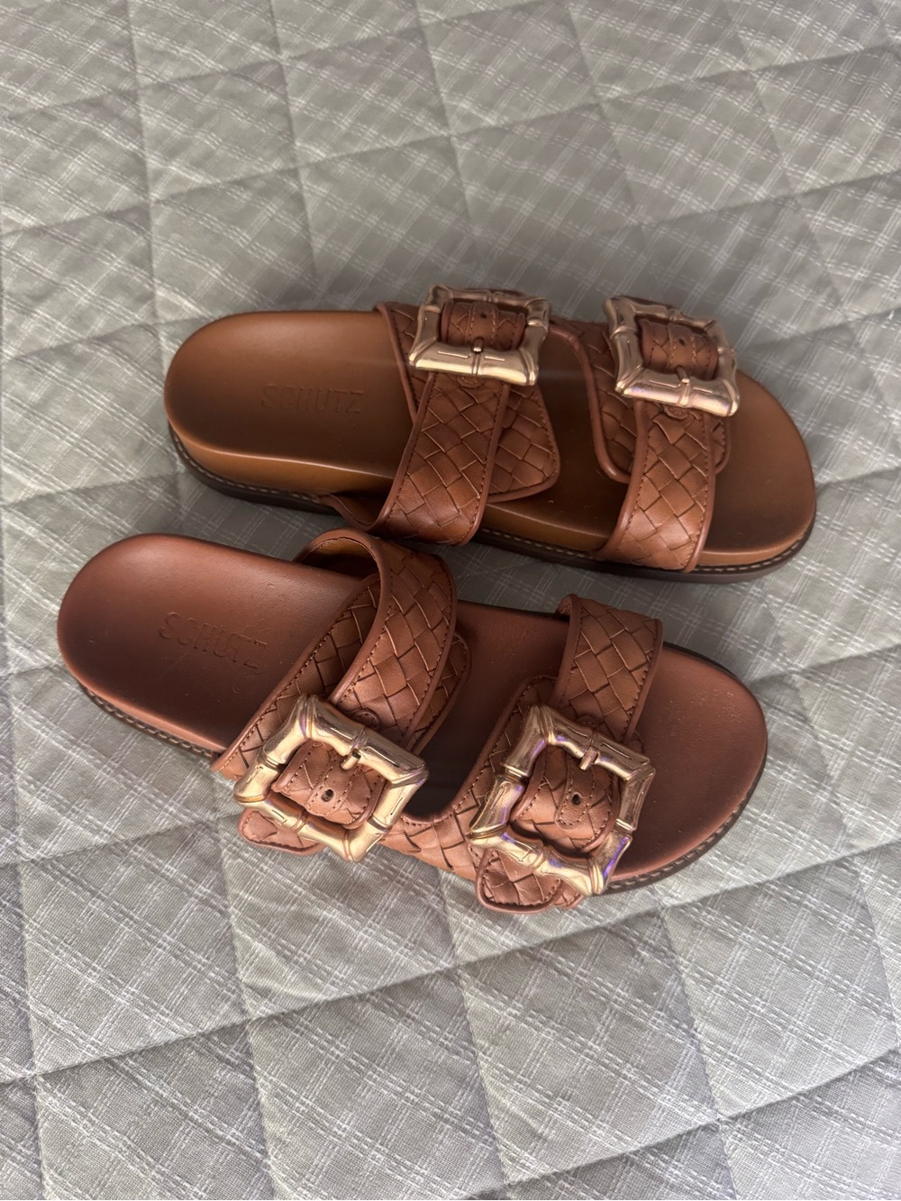 SCHUTZ Brown Woven Leather Slide Sandals with Gold Buckles - Picture 2 of 3